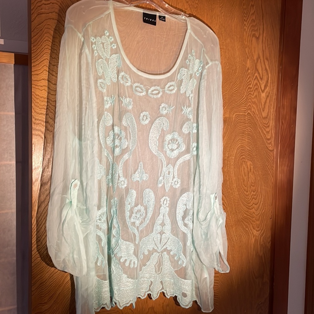 NWT Tribal Embroidered Sheer Tunic Lt Aqua